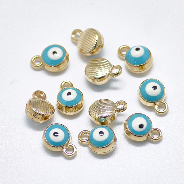 

PandaHall Light Gold Plated Alloy Charms, with Enamel, Flat Round with Evil Eye, Sky Blue, 10x7x4.5mm, Hole: 1.5mm Alloy+Enamel Evil Eye...