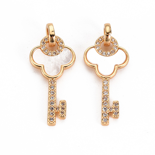 

PandaHall Brass Micro Pave Clear Cubic Zirconia Pendants, with Natural Shell, Nickel Free, Key, Real 18K Gold Plated, 23.5x11.5x2mm, Ring...