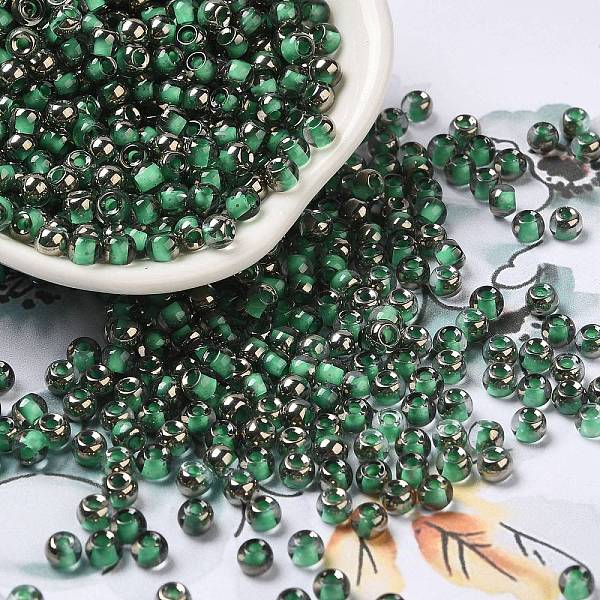 

PandaHall Transparent Inside Colours Glass Seed Beads, Half Plated, Round Hole, Round, Light Green, 4x3mm, Hole: 1.2mm, 7650pcs/pound Glass