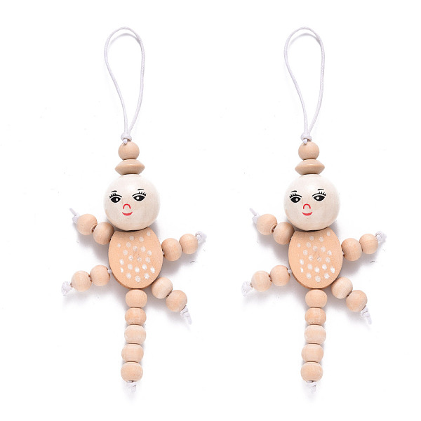 

PandaHall Natural Wood Pendant Decorations, with Waxed Cord, Doll, PeachPuff, 144~150x49~52mm Wood Doll Brown