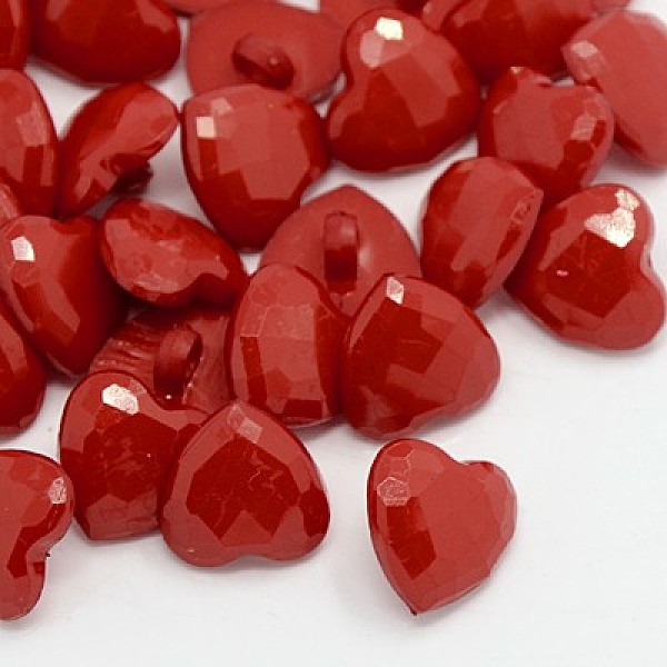 PandaHall Acrylic Shank Buttons, 1-Hole, Dyed, Faceted, Heart, Dark Red, 14x14x3mm, Hole: 2mm Acrylic Heart Red