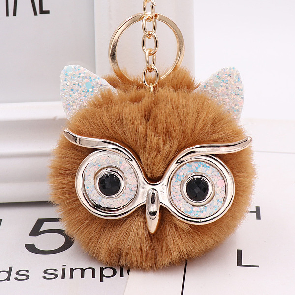 PandaHall Pom Pom Ball Keychain, with KC Gold Tone Plated Alloy Lobster Claw Clasps, Iron Key Ring and Chain, Owl, Chocolate, 12cm Alloy Owl...