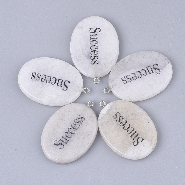

PandaHall Natural White Jade Pendants, with Iron Findings, Oval with Word Success, Platinum, 43~44x29~30x5~6mm, Hole: 2mm White Jade Oval