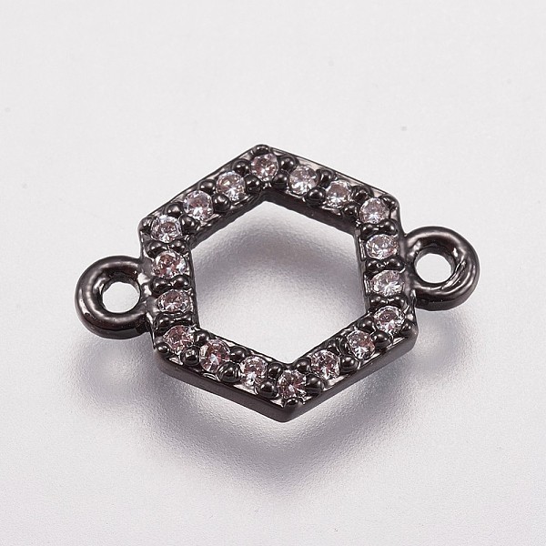 

PandaHall Brass Micro Pave Cubic Zirconia Links, Hexagon, Clear, Gunmetal, 10x14x2mm, Hole: 1mm Brass+Cubic Zirconia Hexagon Clear
