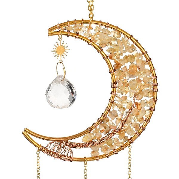 Natural Citrine Chip & Brass Moon Hanging Suncatcher Pendant Decoration