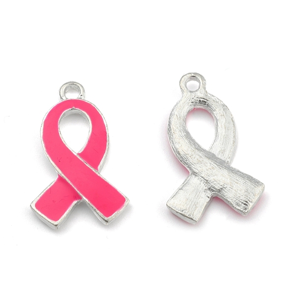 PandaHall October Breast Cancer Pink Awareness Ribbon Alloy Enamel Pendants, Silver Color Plated, 25x15x2mm, Hole: 2mm Alloy+Enamel...