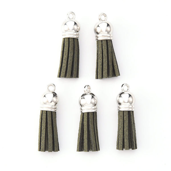 

PandaHall Faux Suede Tassel Pendant Decorations, with CCB Plastic Cord Ends, Platinum, Dark Olive Green, 33~35x10mm, Hole: 2.5mm Faux Suede