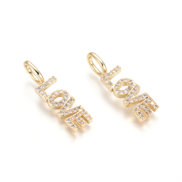 

PandaHall Brass Micro Pave Clear Cubic Zirconia Pendants, Word Love, for Valentine's Day, Golden, 24x6.5x2.5mm, Hole: 3.5x5.5mm Brass+Cubic...