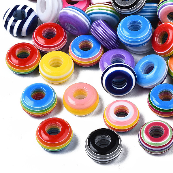 

PandaHall Stripe Resin Large Hole Beads, Flat Round, Mixed Color, 14x7.5mm, Hole: 5.5mm Resin Flat Round Multicolor