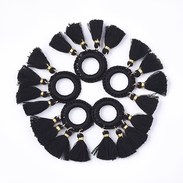 

PandaHall Polycotton(Polyester Cotton) Tassels Pendants, with Polyester Link Ring , Black, 45~50x25~26x3~4mm, Hole: 14mm Polycotton Black