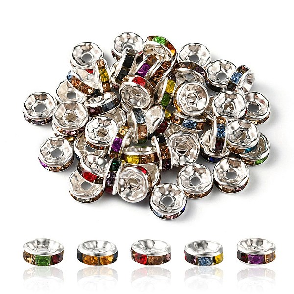 

PandaHall Iron Flat Round Spacer Beads, with Colorful Rhinestone, Silver, 8mm Iron+Rhinestone Flat Round Multicolor
