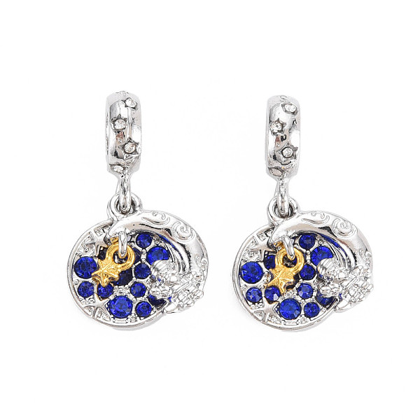 

PandaHall Rack Plating Alloy European Dangle Charms, with Rhinestone, Large Hole Beads, Cadmium Free & Nickel Free & Lead Free, Flat Round..., Blue