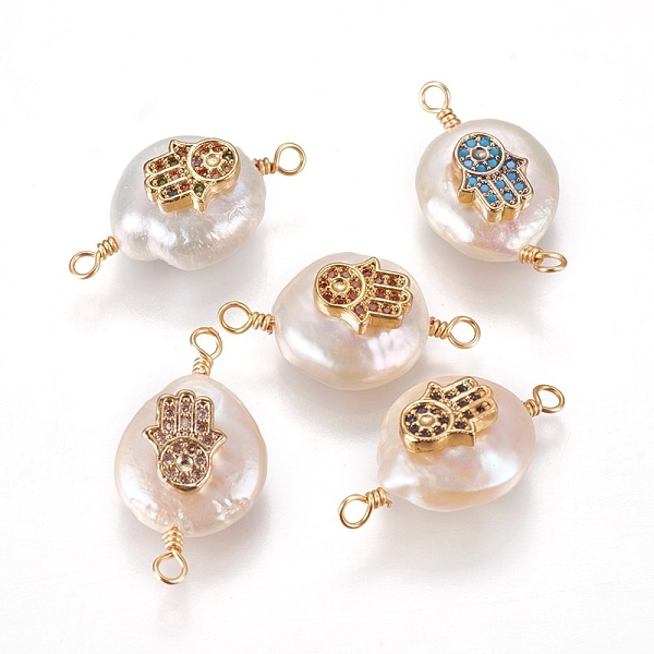 

PandaHall Natural Pearl Links connectors, with Cubic Zirconia and Brass Findings, Flat Round with Hamsa Hand/Hand of Fatima /Hand of Miriam..., Multicolor