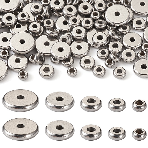 

PandaHall 5 Style 304 Stainless Steel Beads, Disc/Flat Round, Stainless Steel Color, 4~10x2mm, Hole: 1.5~2mm, 100pcs/box 304 Stainless Steel...