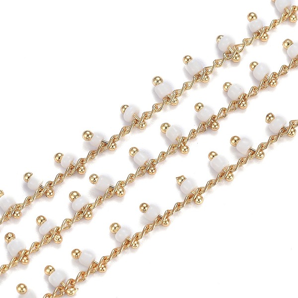 

PandaHall Brass Handmade Glass Beaded Chains, with Spool, Soldered, Long-Lasting Plated, Real 18K Gold Plated, Rondelle, White, Links...