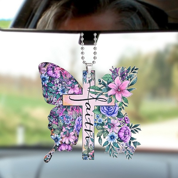 PandaHall Colorful Butterfly Faith Jesus Cross Acrylic Pendant Decoration, for Car Rear View Mirror Hanging Ornament,, 308mm, Pendant...