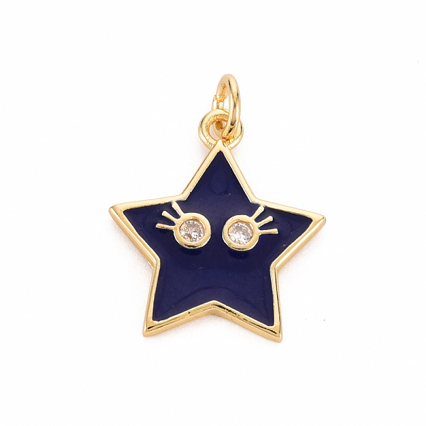 

PandaHall Brass Micro Pave Clear Cubic Zirconia Pendants, with Enamel & Jump Ring, Cadmium Free & Nickel Free & Lead Free, Star Smiling Face..., Blue