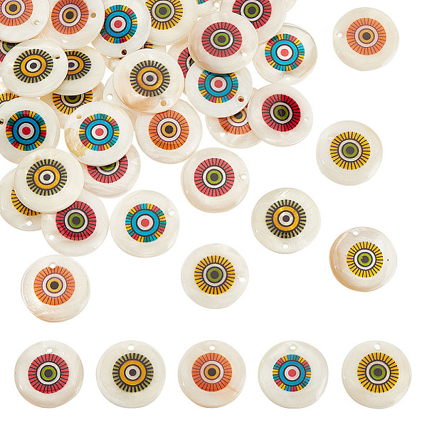 

PandaHall ARRICRAFT 50Pcs 5 Colors Printed Natural Freshwater Shell Pendants, with Enamel, Flat Round Charm, Mixed Color..., Multicolor