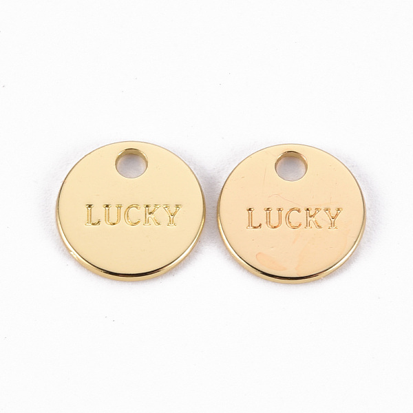 

PandaHall Rack Plating Alloy Charms, Cadmium Free & Lead Free, Flat Round with Word Luck, Light Gold, 11x1mm, Hole: 2mm Alloy Flat Round