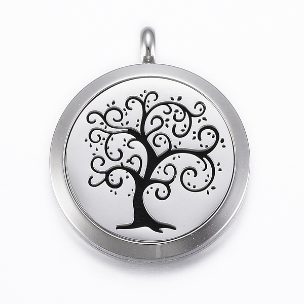 PandaHall 316 Surgical Stainless Steel Diffuser Locket Pendants, with Perfume Pad and Magnetic Clasps, Flat Round with Tree of Life...