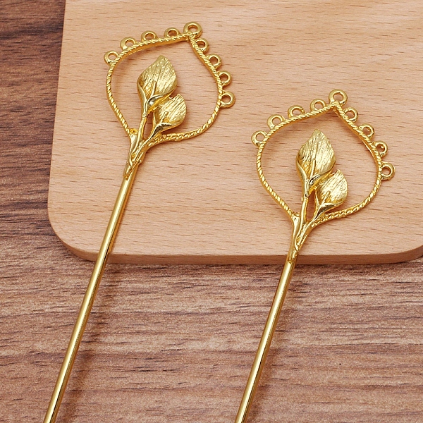 

PandaHall Iron Hair Stick Findings, with Alloy Flower and Loops, Golden, 156x36x6mm Iron