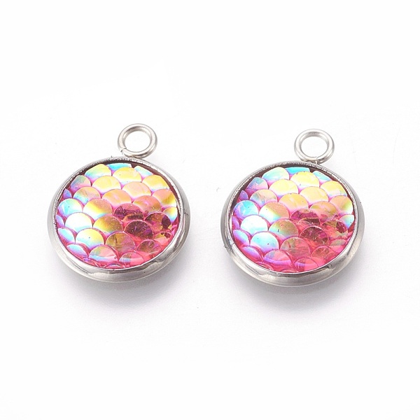 PandaHall Resin Pendants, with 304 Stainless Steel Finding, Flat Round with Mermaid Fish Scale Shaped, Stainless Steel Color, Pearl Pink...