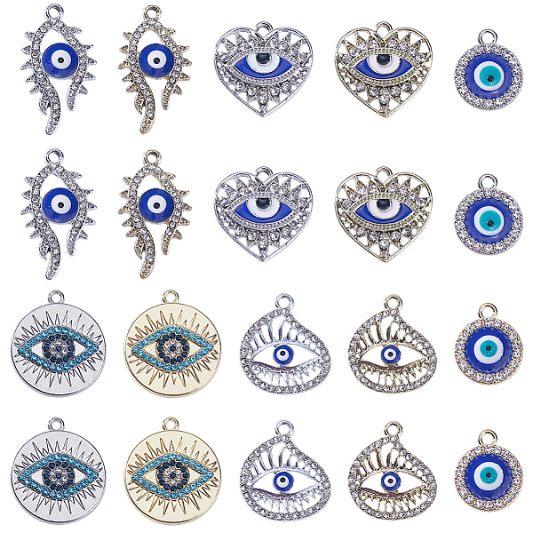 

PandaHall SUNNYCLUE 40Pcs 10 Styles Alloy Crystal Rhinestone Pendants, with Enamel Evil Eye, Heart & Flat Round Charms, Mixed Color...