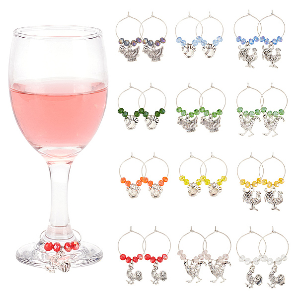 

PandaHall 24Pcs 6 Styles Alloy Wine Glass Charms, with Brass Hoop Earring Findings and Glass Bead, Rooster, Mixed Color, 42~52mm, 4pcs/style..., Multicolor