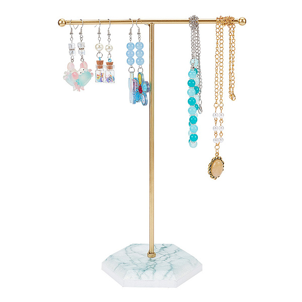 

PandaHall Golden Tone T Bar Iron Earring Displays Stands, with Marble Stone Base, Jewelry Display Rack, Jewelry Tree Stand for Earring, Ring..., White