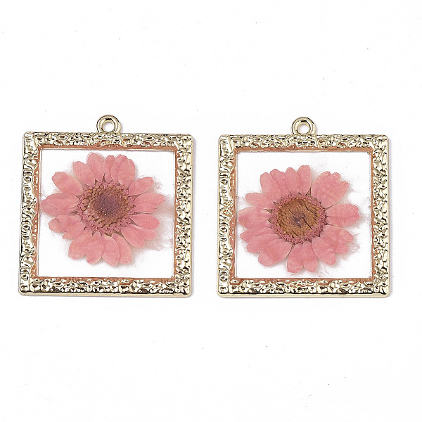 

PandaHall Epoxy Resin Pendants, with Dried Flower Inside and Light Gold Plated Alloy Open Back Bezel, Square, Pink, 34x30x2mm, Hole: 1.8mm...