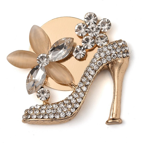 PandaHall Alloy Glass Rhinestone Cabochons, with Resin, High-heeled Shoes with Flower, Light Gold, 37.5x42x6.5mm Alloy+Rhinestone Shoes