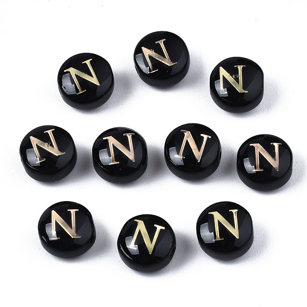 

PandaHall Handmade Lampwork Beads, with Golden Plated Brass Etched Metal Embellishments, Flat Round with Alphabet, Letter.N, 8x5mm, Hole..., Black