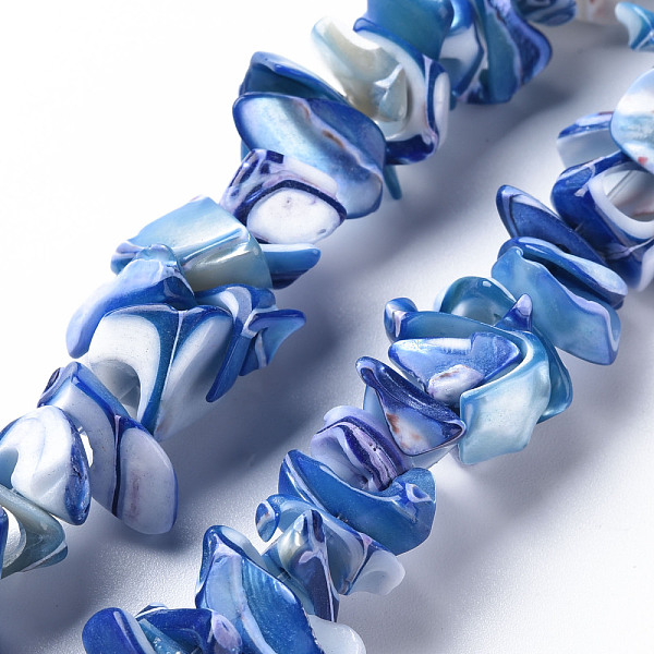 

PandaHall Natural Trochid Shell/Trochus Shell Bead Strands, Dyed, Nuggets, Royal Blue, 8~16x7~13x2~15mm, Hole: 1.2mm, about 39~46pcs/strand...