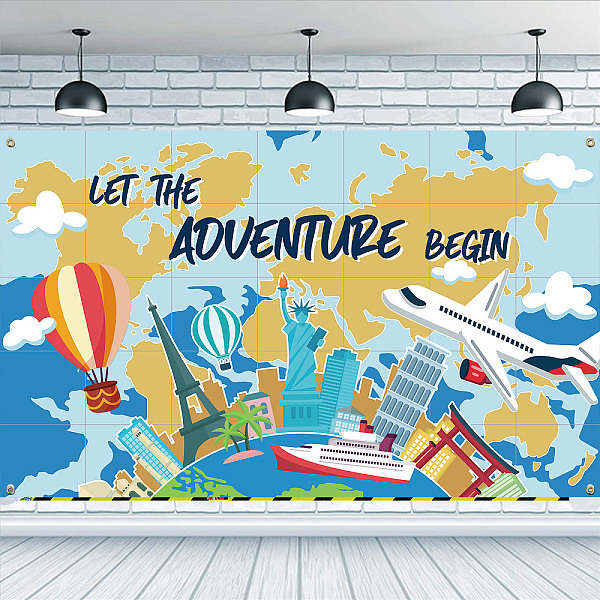 

PandaHall FINGERINSPIRE Let The Adventure Begin Backdrop 6x3.6ft Travel Themed Photography Backdrop Earth Planes Ships Buildings Pattern..., Brown