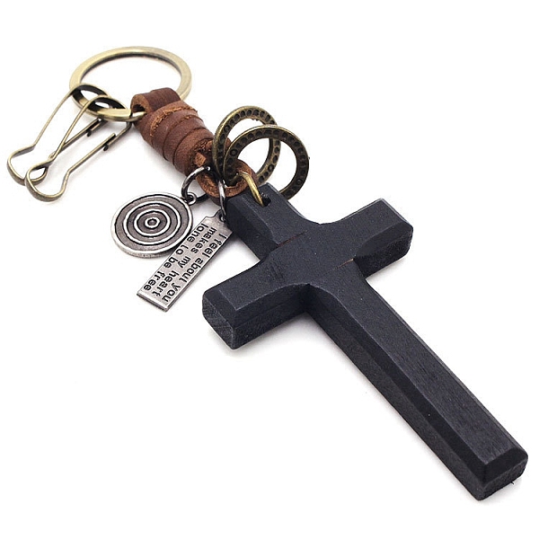 

PandaHall Wood Cross Pendant Keychain, with Alloy Findings and Cowhide, Black, 16cm Wood Cross Black