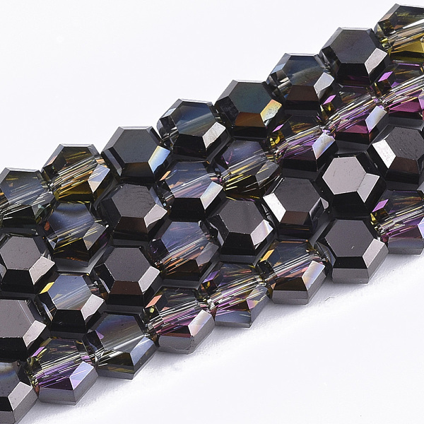 

PandaHall Electroplate Glass Beads Strands, Half Plated, Faceted, Hexagon, Black, 5x6x4mm, Hole: 1mm, about 100pcs/strand, 20.4 inch Glass...