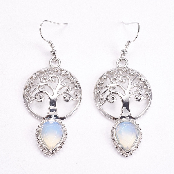 

PandaHall Brass Dangle Earrings, Synthetic Opalite, Faceted, Hollow Flat Round with Tree of Life and Teardrop, Platinum, 66mm, Pin: 0.6mm...