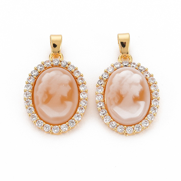 

PandaHall Brass Lilac Cubic Zirconia Pendants, with Cameo Resin, Nickel Free, Oval, Dark Salmon, 20x14x4mm, Hole: 4x2.5mm Brass+Cubic...