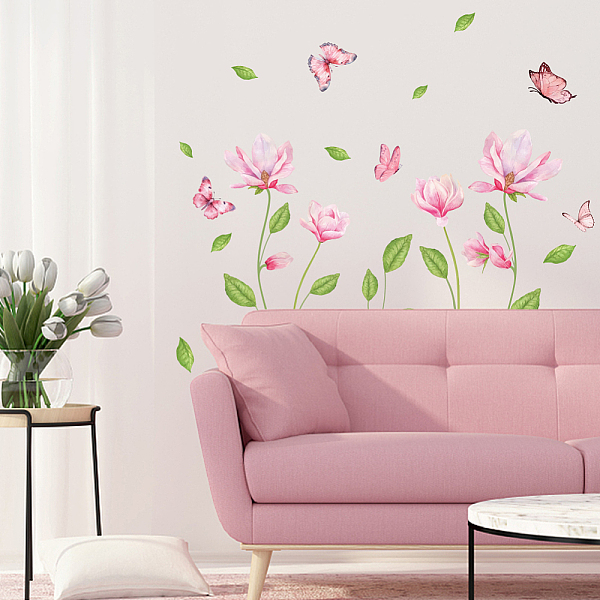 PandaHall SUPERDANT Pink Flowers Wall Decal Large Size Butterfly Wall Sticker Waterproof Wall Art Decor Removable Peel and Stick Nursery...