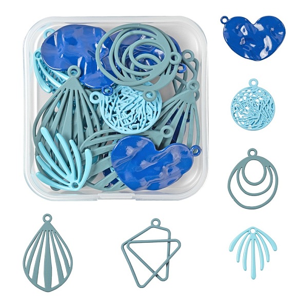 

PandaHall 24Pcs 6 Style Blue Series Spray Painted Alloy Pendants, Oval & Fan & Branch & Geometric & Heart, Mixed Color, 19~33x18.5~27x1~3mm..., Multicolor
