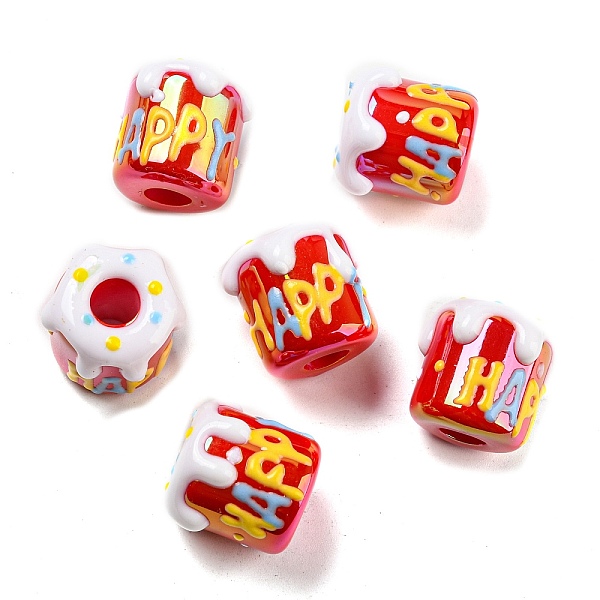 PandaHall Opaque Acrylic European Beads, with Enamel, Large Hole Beads, Cake with Word Happy, Red, 16.4x15.8x15.8mm, Hole: 6.5mm Acrylic...