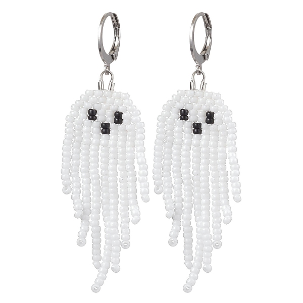 

PandaHall Halloween Woven MIYUKI Seed Beads Ghost Hoop Earrings, 304 Stainless Steel Leverback Earrings for Women, White, 65x19mm Seed Beads...