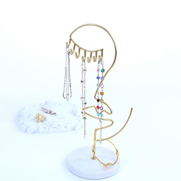 

PandaHall Lady Iron Storage Jewelry Rack, Jewelry Display Holder with Round Marble Base, for Earrings, Necklaces, Bracelets, Golden...