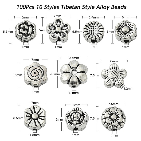 

PandaHall 100Pcs 10 Styles Tibetan Style Alloy Beads, Flower, Antique Silver, 5.5~9x3.5~8x2.5~4mm, Hole: 1mm, about 10pcs/style Alloy Flower