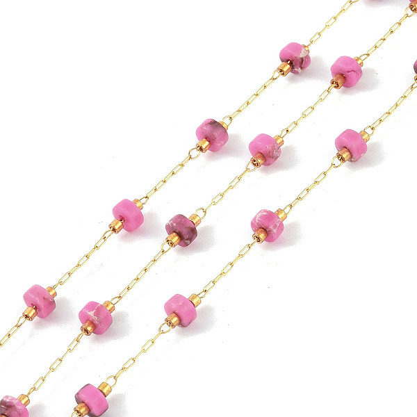 

PandaHall Ion Plating(IP) 304 Stainless Steel Chains, with Glass, with Natural Imperial Jasper, with Spool, Unwelded, Pearl Pink, 4x2mm 304...