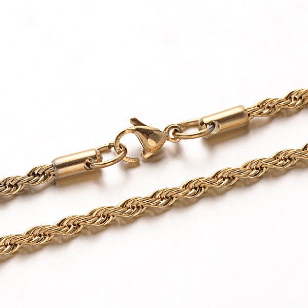 

PandaHall 304 Stainless Steel Rope Chain Necklaces, with Lobster Claw Clasps, Golden, 23.7 inch(60.1cm), 3mm 304 Stainless Steel