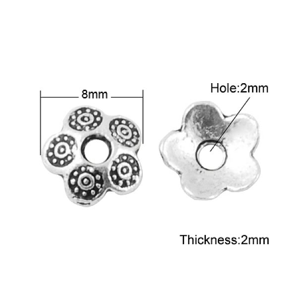 

PandaHall Tibetan Style Caps, Cadmium Free & Nickel Free & Lead Free, Flower, Antique Silver, 8x2mm, Hole: 2mm Alloy