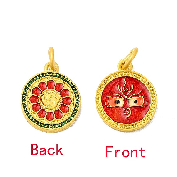

PandaHall Rack Plating Alloy Enamel Pendants with Jump Ring, Double Side Pattern Flat Round Charms, Matte Gold Color, Red, 16x13x1.8mm, Jump...