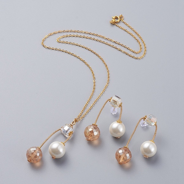 

PandaHall Pendant Necklaces and Ear Studs Jewelry Sets, with Eco-Friendly Glass Pearl & Glass Beads, Copper Wire, Brass Cable Chains and..., Orange