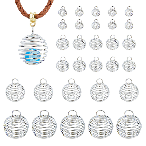 

PandaHall HOBBIESAY 80Pcs 4 Styles Iron Bead Cage Pendants, Hollow, Round, Platinum, 9~28.5x8~25mm, Hole: 3~8mm, 20pcs/style Iron Round
